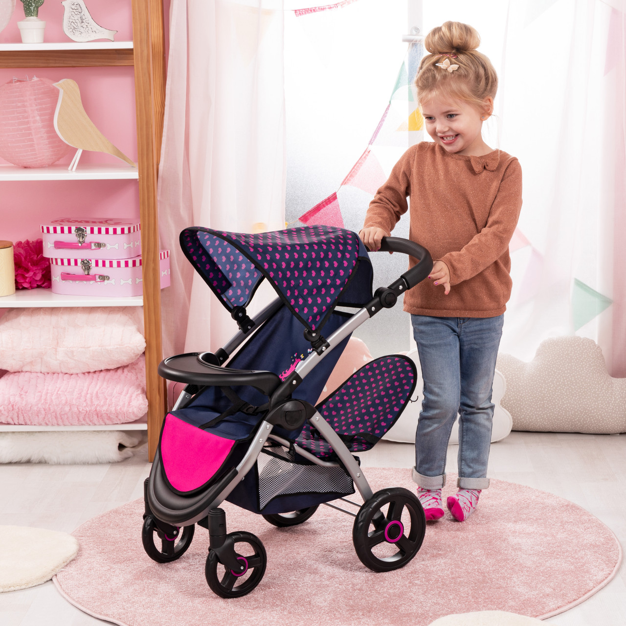 Doll Pram Twin Star - Blue with Pink Hearts & Unicorn Doll Pram Twin Star - Blue with Pink Hearts & Unicorn