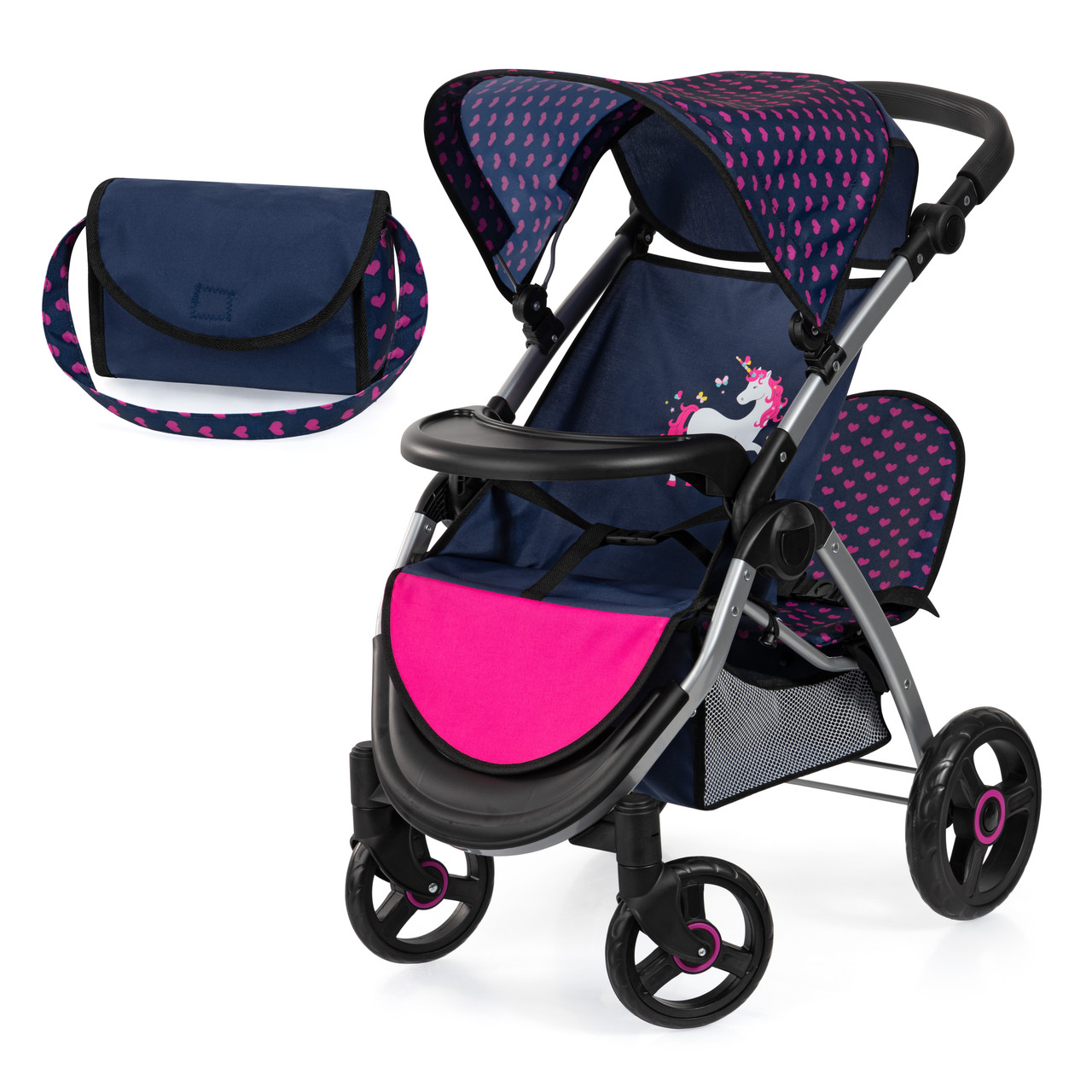 Doll Pram Twin Star - Blue with Pink Hearts & Unicorn Doll Pram Twin Star - Blue with Pink Hearts & Unicorn