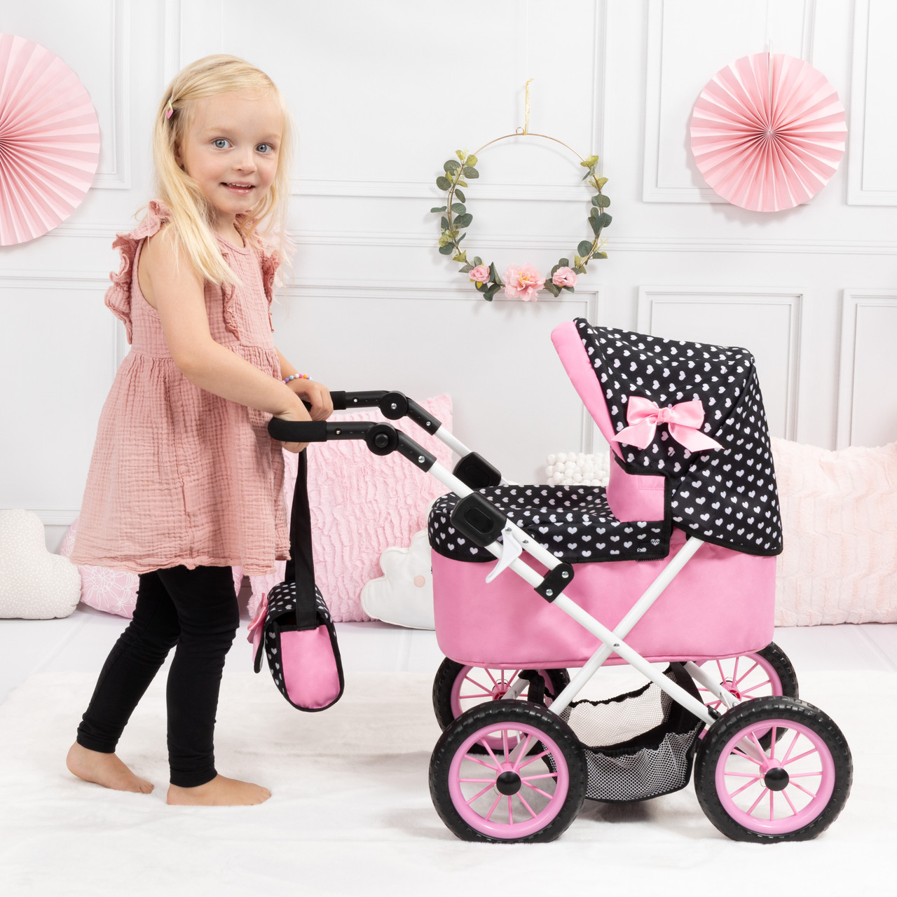 Doll Pram  Trendy -Pink with Black Hood & Pink Bow