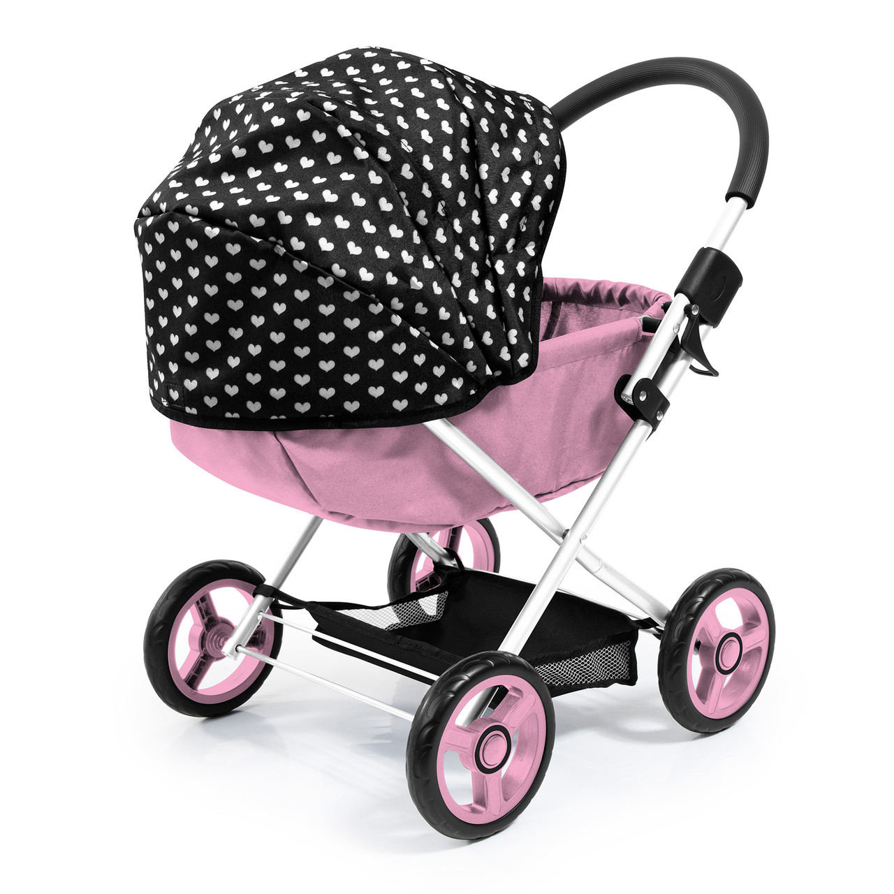 Doll Pram Cosy - Pink with Black Hood & Pink Bow 46cm Doll Pram Cosy - Pink with Black Hood & Pink Bow 46cm