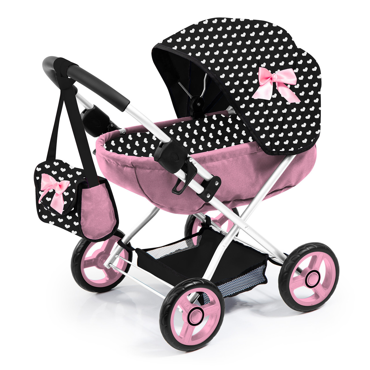 Doll Pram Cosy - Pink with Black Hood & Pink Bow 46cm Doll Pram Cosy - Pink with Black Hood & Pink Bow 46cm