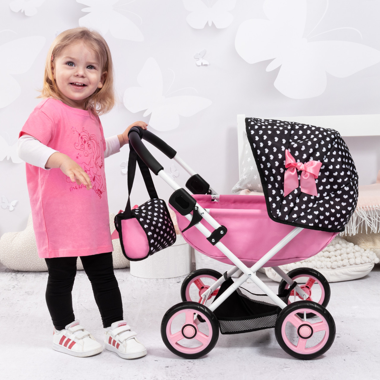 Doll Pram Cosy - Pink with Black Hood & Pink Bow 46cm Doll Pram Cosy - Pink with Black Hood & Pink Bow 46cm