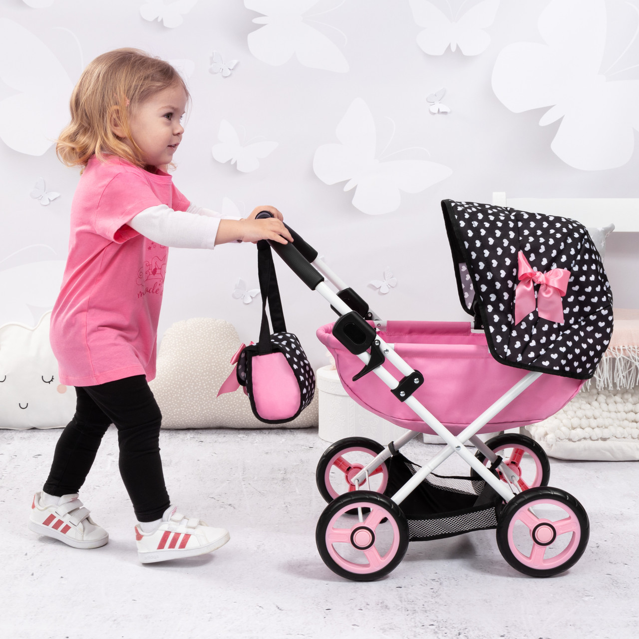 Doll Pram Cosy - Pink with Black Hood & Pink Bow 46cm Doll Pram Cosy - Pink with Black Hood & Pink Bow 46cm