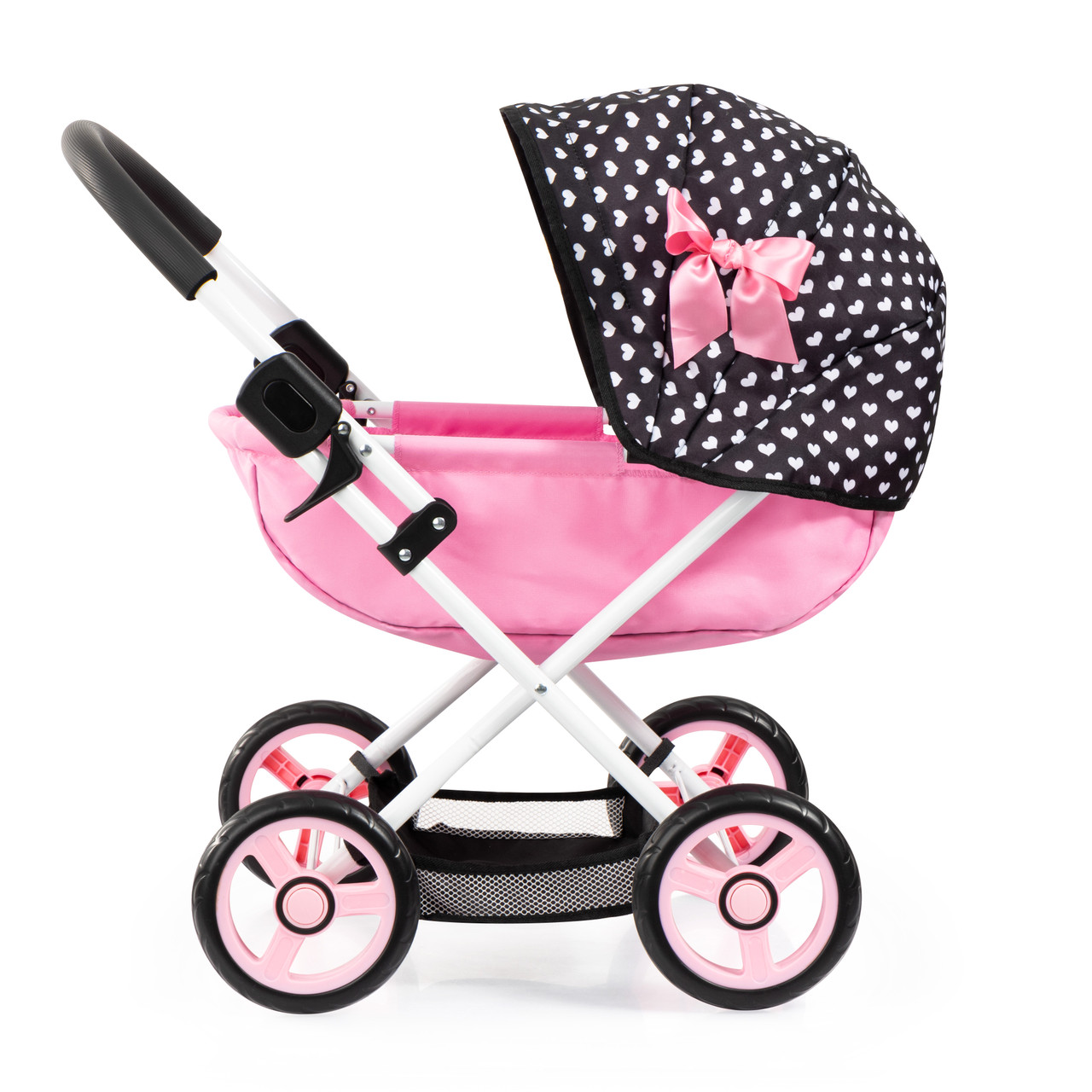 Doll Pram Cosy - Pink with Black Hood & Pink Bow 46cm Doll Pram Cosy - Pink with Black Hood & Pink Bow 46cm