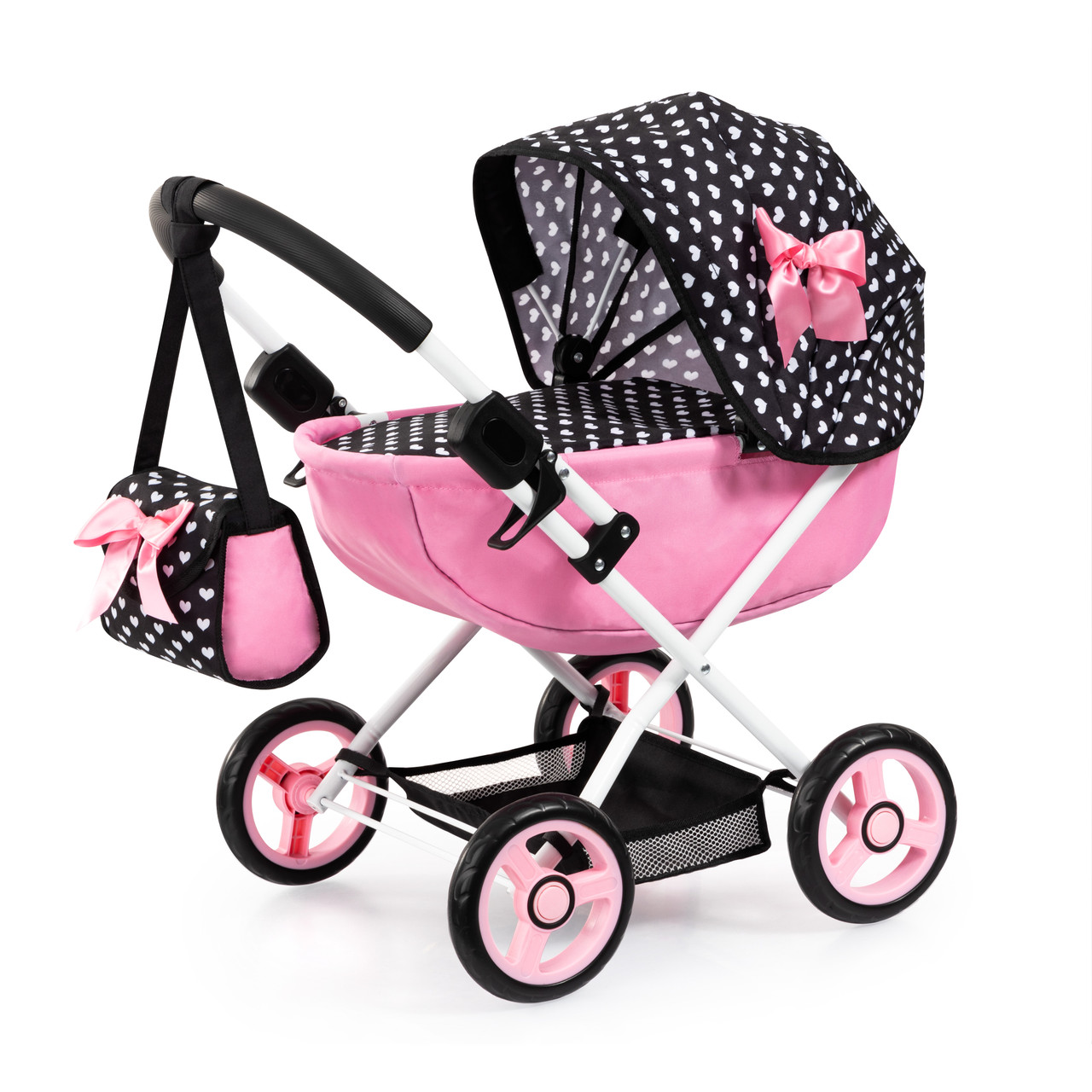 Doll Pram Cosy - Pink with Black Hood & Pink Bow 46cm Doll Pram Cosy - Pink with Black Hood & Pink Bow 46cm