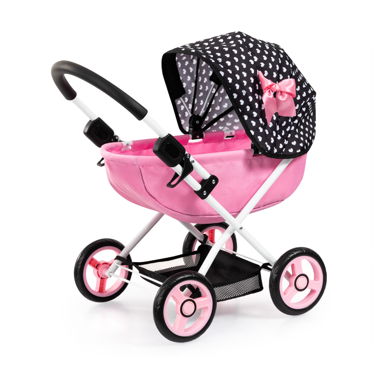Doll Pram Cosy - Pink with Black Hood & Pink Bow 46cm Doll Pram Cosy - Pink with Black Hood & Pink Bow 46cm