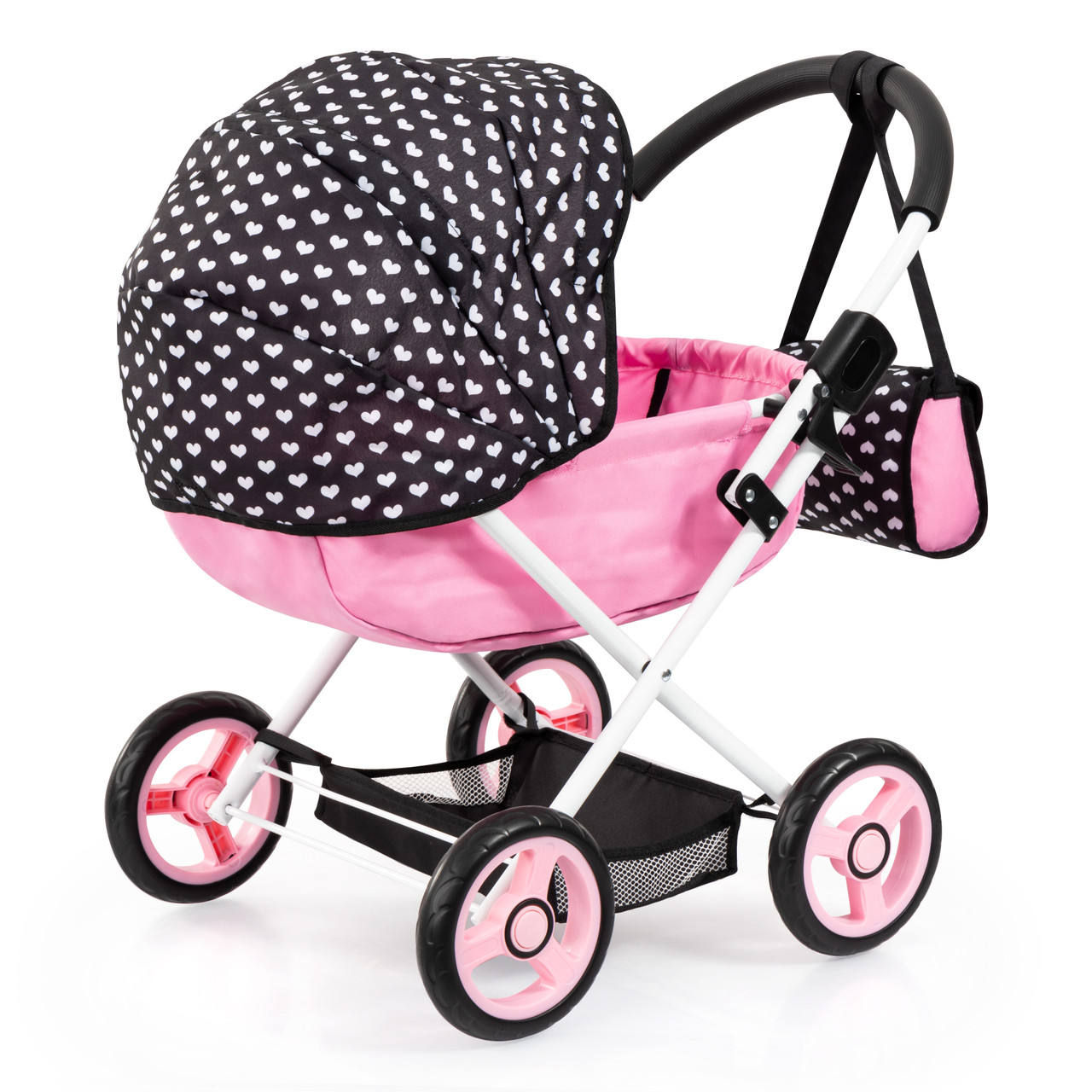 Doll Pram Cosy - Pink with Black Hood & Pink Bow 46cm Doll Pram Cosy - Pink with Black Hood & Pink Bow 46cm