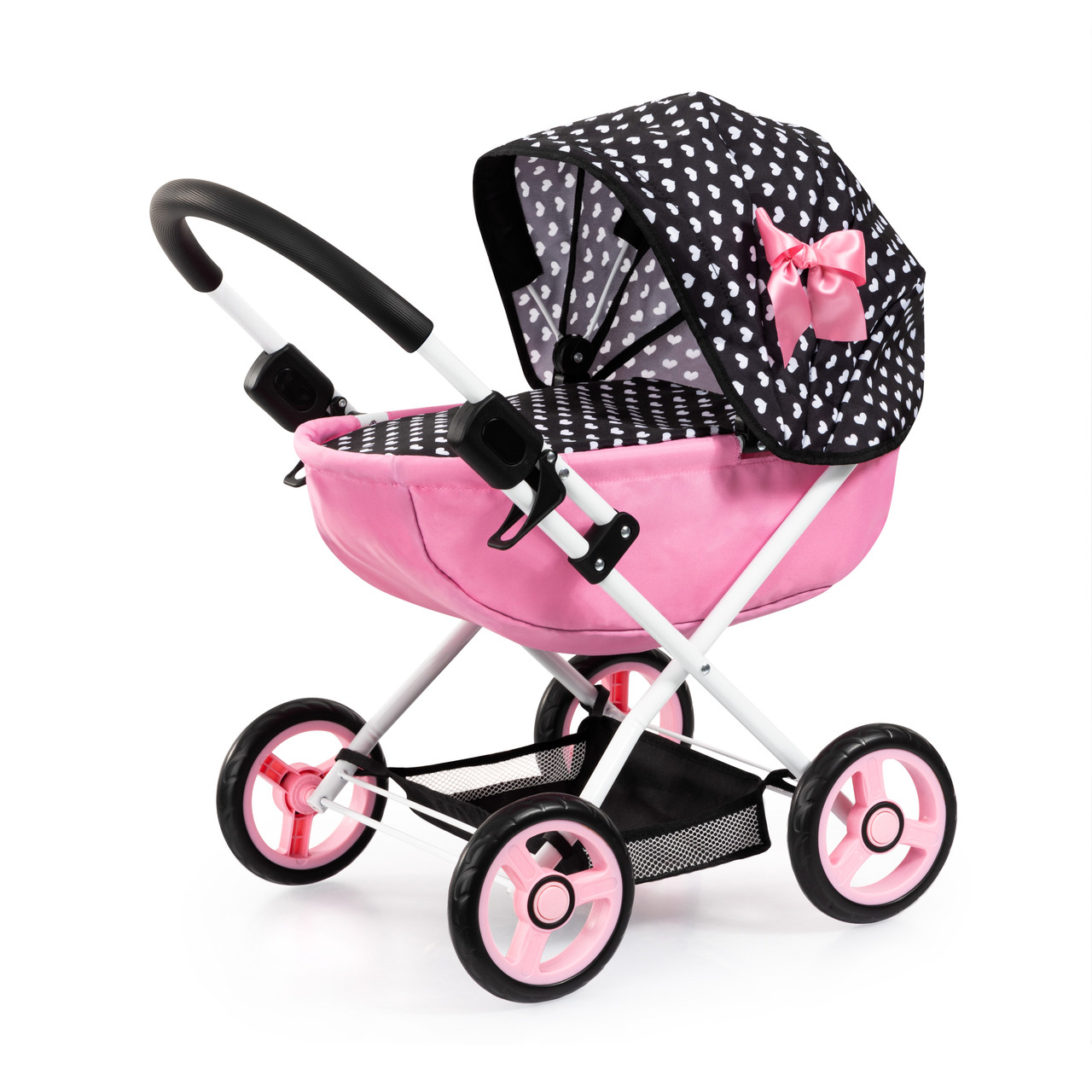 Doll Pram Cosy - Pink with Black Hood & Pink Bow 46cm Doll Pram Cosy - Pink with Black Hood & Pink Bow 46cm