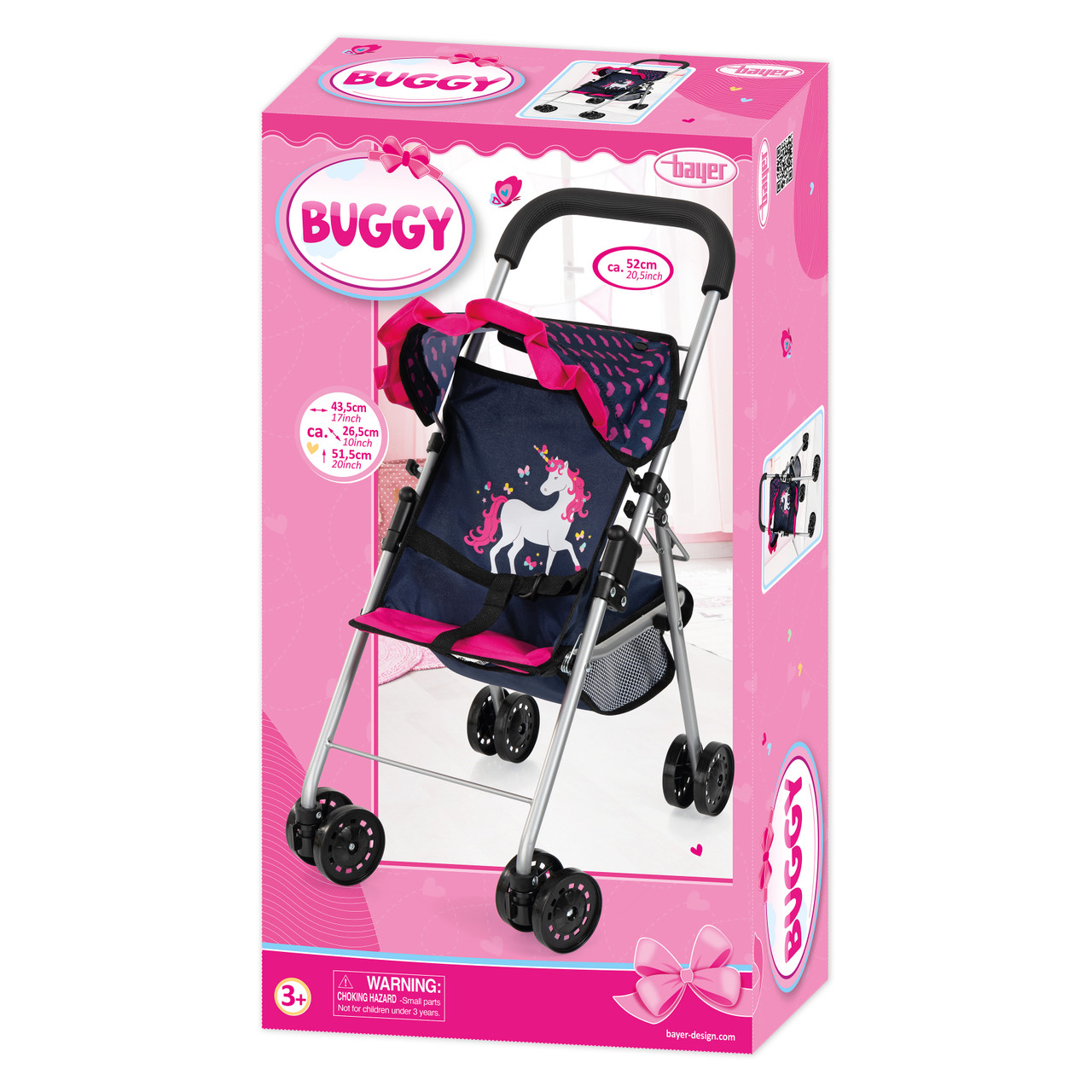 Doll Buggy - Dark Blue with Pink Heats & Unicorn 46cm