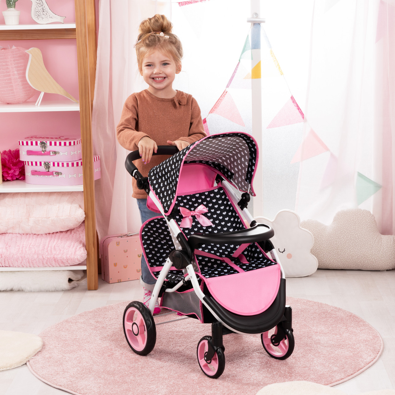 Doll Pram Twin Star - Pink & Black with Pink Bow 46cm Doll Pram Twin Star - Pink & Black with Pink Bow 46cm