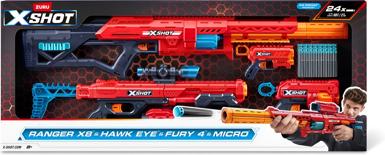 X-Shot Excel Ranger X8 & Hawk Eye & Fury 4 & Micro Combo Pack (24 Darts)