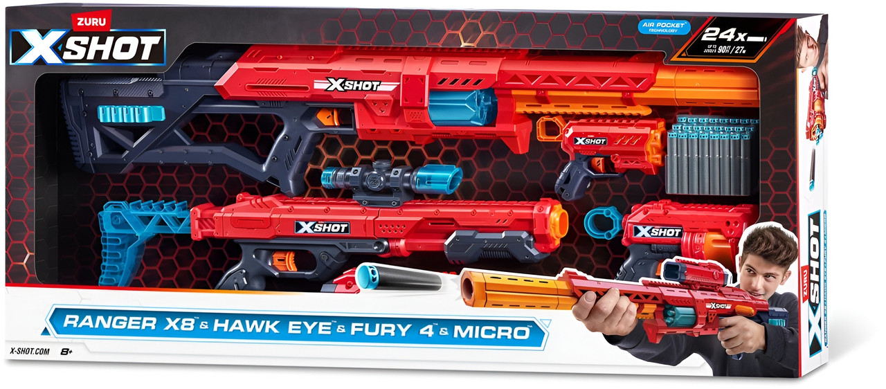 X-Shot Excel Ranger X8 & Hawk Eye & Fury 4 & Micro Combo Pack (24 Darts)