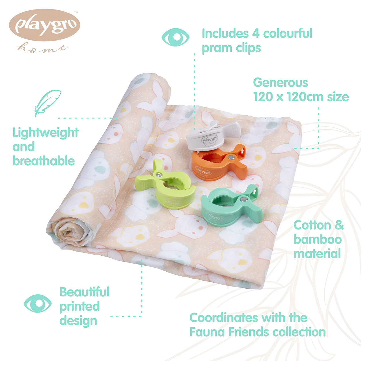 Playgro Home - Fauna Friends Muslin Swaddle & Pram Clips
