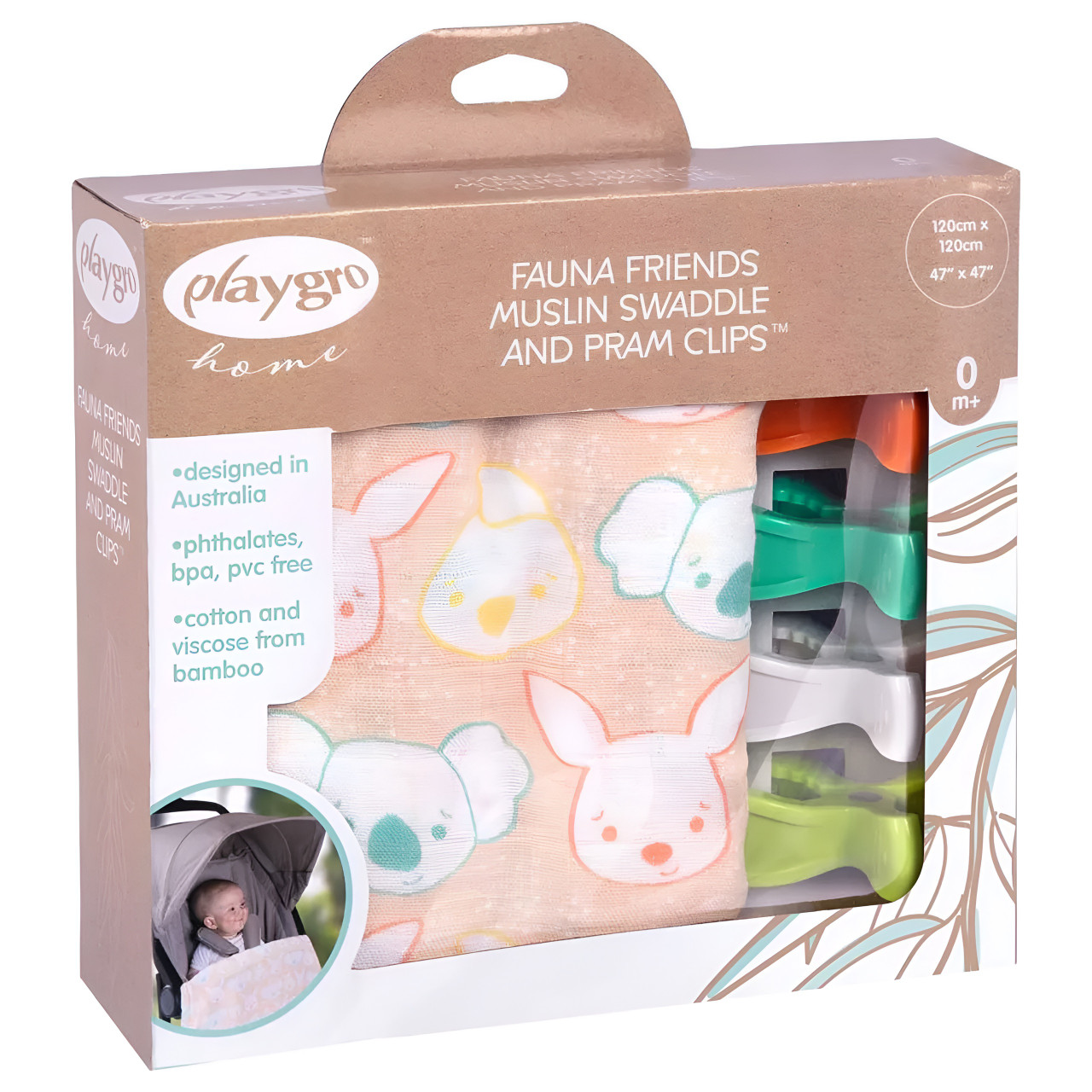 Playgro Home - Fauna Friends Muslin Swaddle & Pram Clips