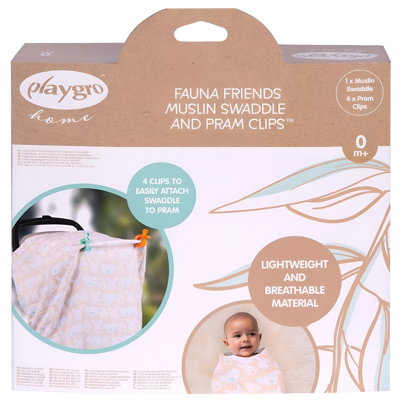 Playgro Home - Fauna Friends Muslin Swaddle & Pram Clips