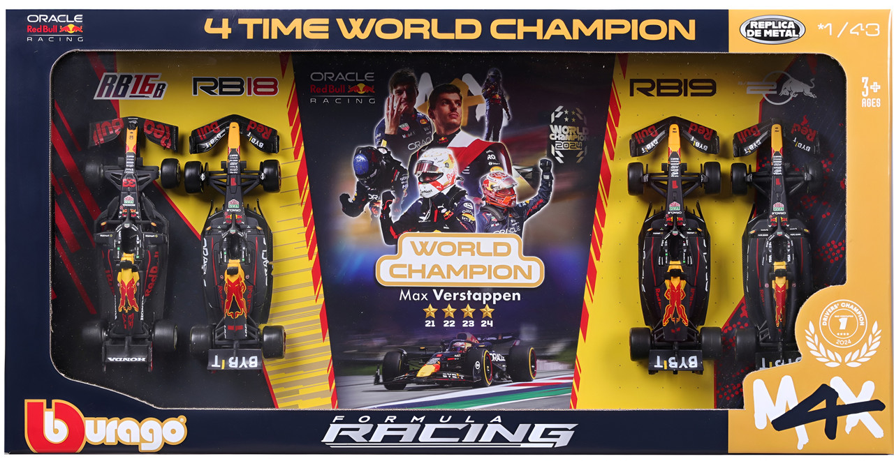 Bburago 1:43 F1 Red Bull Racing 4PK Max Verstappen Four Times World Champion Set