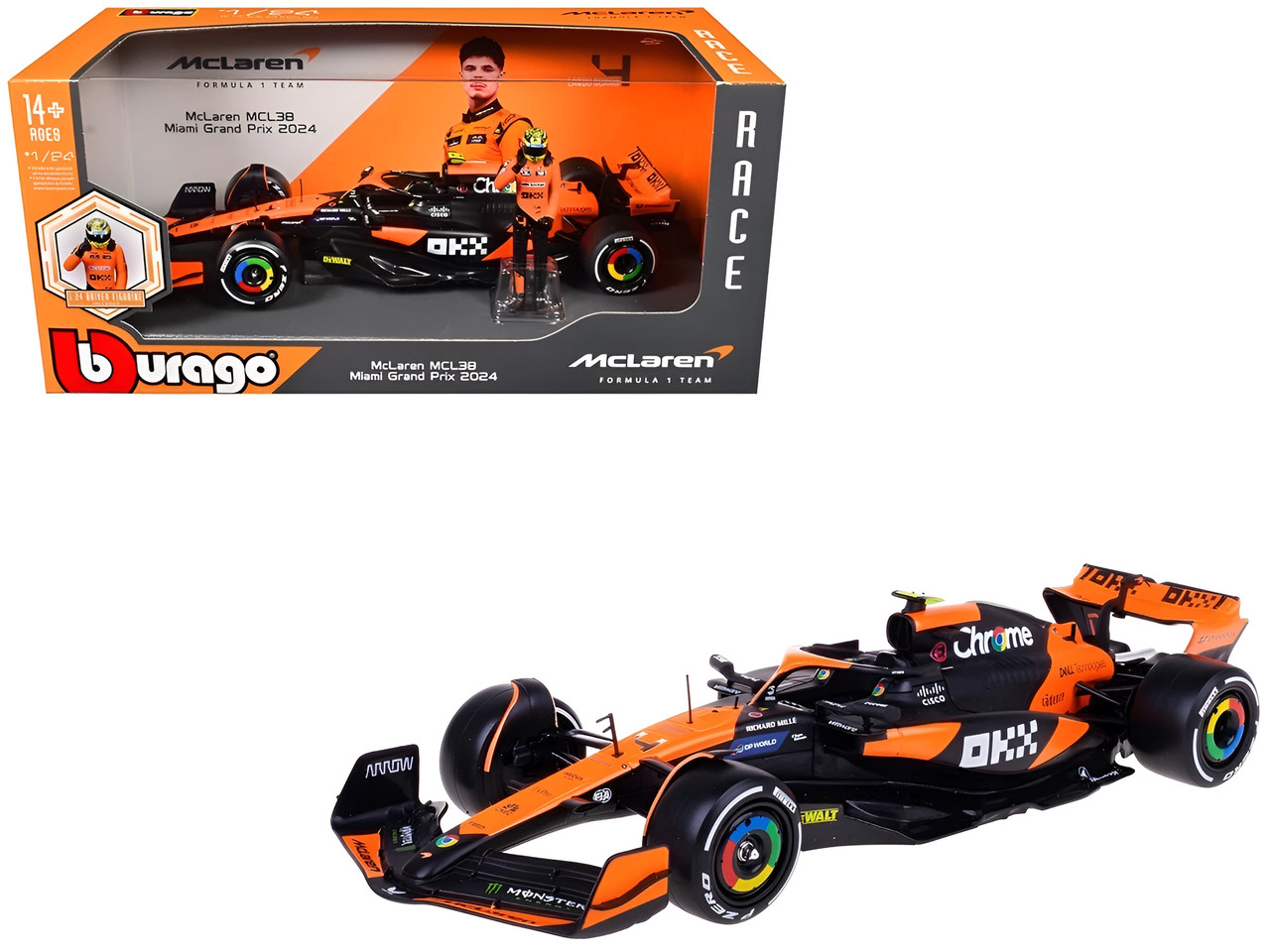 Bburago 1:24 Die-cast F1 McLaren MCL38 2024 w/ Driver Figure - #4 Lando Norris