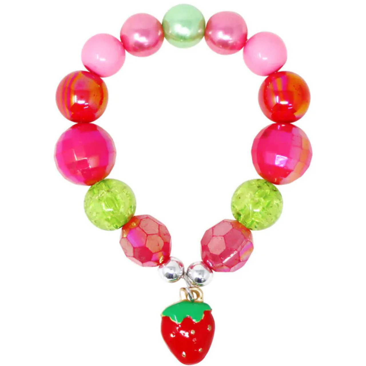 Hot Pink Strawberry Charm Stretch Beaded Bracelet