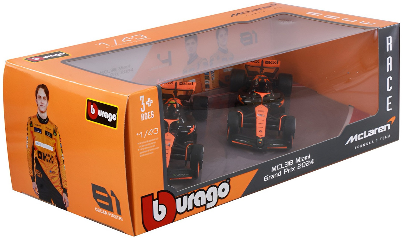 Bburago 1:43 2024 McLaren MCL38 Team 2-Pack Diecast Model Cars (Black/Orange)