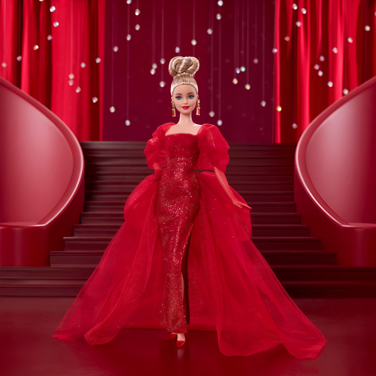 Barbie Signature Collectible Doll For Mattel 80th Anniversary, Glittery Red Tulle Gown, Blonde Hair