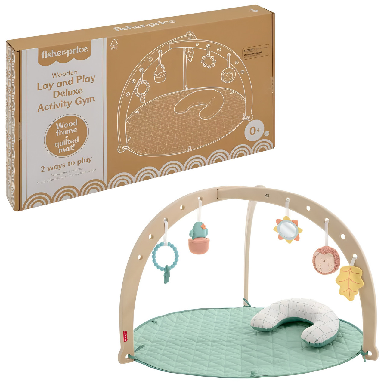 Fisher-Price Wood Baby Playmat Lay & Play Deluxe Activity Gym with Wooden Frame & Tummy Time Sensory Toys