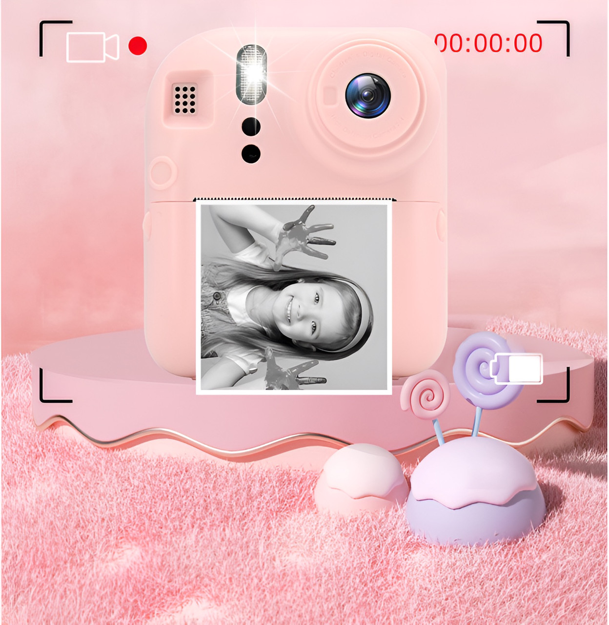 Instant Print Camera with Selfie Mode - Pink