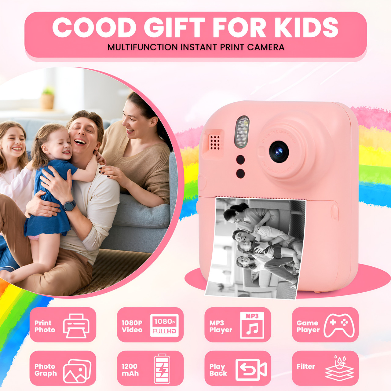 Instant Print Camera with Selfie Mode - Pink