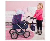 Xeo Compact Doll Pram - Dark Blue With Pink Heart Print