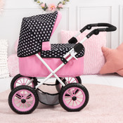 Doll Pram  Trendy -Pink with Black Hood & Pink Bow