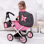 Doll Pram Cosy - Pink with Black Hood & Pink Bow 46cm Doll Pram Cosy - Pink with Black Hood & Pink Bow 46cm