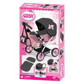 Doll Pram Cosy - Pink with Black Hood & Pink Bow 46cm Doll Pram Cosy - Pink with Black Hood & Pink Bow 46cm