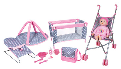 Lissi 40cm soft baby with stroller, playpen, playyard, bouncer, bag & accessories