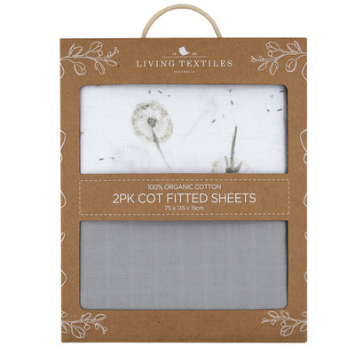 2 Pack Organic Muslin Cot Fitted Sheet Dandelion/Grey 2 Pack Organic Muslin Cot Fitted Sheet Dandelion/Grey