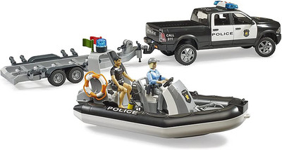 Bruder RAM 2500 Police Pickup with Light & Sound, Trailer and Boat