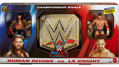 WWE Roman Reigns vs LA Knight Action Figure and Undisputed Champion Belt Bundle