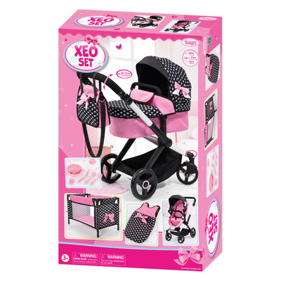 Doll Pram Xeo Mega Set - Pink with Black Hood & Pink Bow Doll Pram Xeo Mega Set - Pink with Black Hood & Pink Bow