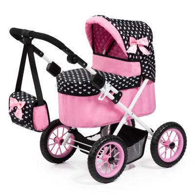 Doll Pram  Trendy -Pink with Black Hood & Pink Bow Doll Pram  Trendy -Pink with Black Hood & Pink Bow