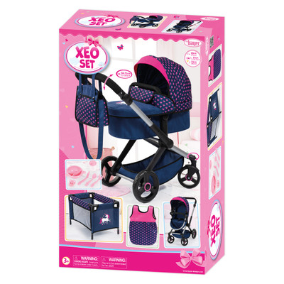 Doll Pram Xeo Mega Set - Dark Blue with Pink Hearts & Unicorn Doll Pram Xeo Mega Set - Dark Blue with Pink Hearts & Unicorn