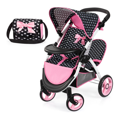 Doll Pram Twin Star - Pink & Black with Pink Bow 46cm Doll Pram Twin Star - Pink & Black with Pink Bow 46cm