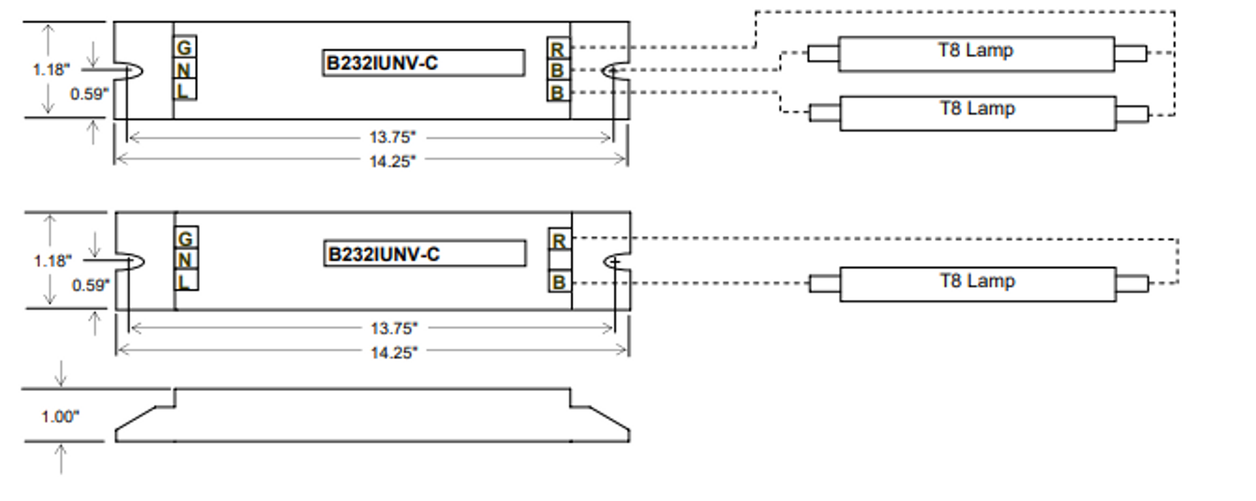 B232IUNVC Universal Triad Electronic Fluorescent Ballast Terminal