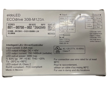 30B-M1Z0A ECOdrive (EC30B-M1Z0A1) eldoLED Programmable Constant Current LED Driver - 30W 0-10V Dimming 42V Max Output