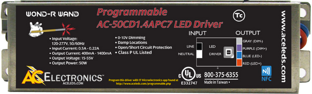 AC-50CD1.4APC7 ACE LEDS Programmable Constant Current LED Driver - 50W 1400mA Dimmable