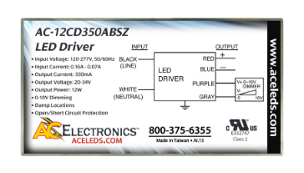 AC-12CD350ABSZ ACE LEDS Constant Current LED Driver - 12W 350mA Dimming