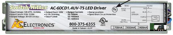 AC-60CD1.4UV-TS ACE LEDS Switch-Hitter Constant Current LED Driver - Field Select 60W/1050mA 40W/700mA 30W/500mA