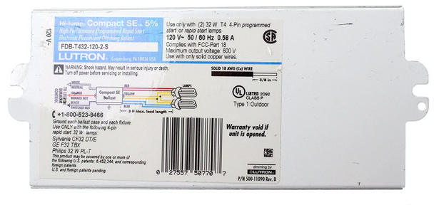 FDB-T432-120-2-S Lutron Hi-lume Compact SE Dimming Ballast - 2-Lamp 120V Mounting Studs