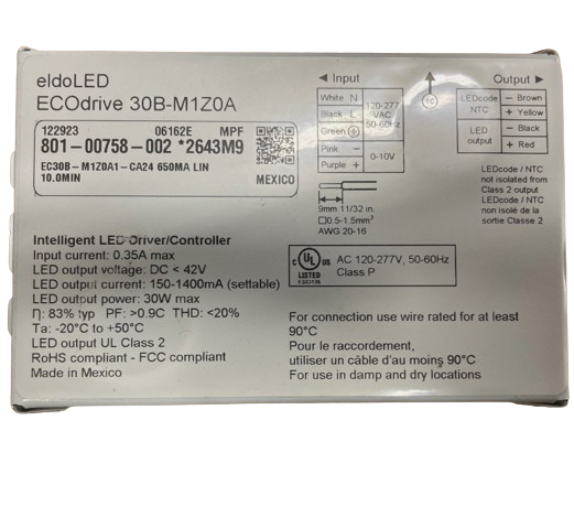 30B-M1Z0A ECOdrive (EC30B-M1Z0A1) eldoLED Programmable Constant Current LED Driver - 30W 0-10V Dimming 42V Max Output