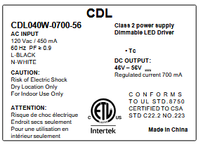 CDL040W-0700-56 CDL (Hampton Bay) Constant Current LED Driver - 40W 700mA Dimmable
