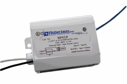 HPS1P /T Robertson Magnetic 2-pin 13W CFL Ballast - 120V Side Exit Leads