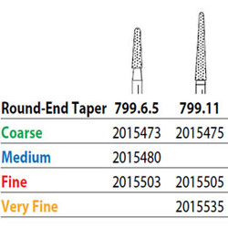 Two Striper FG #799.11 Coarse Diamond Bur Round-End Taper. Pack of 5