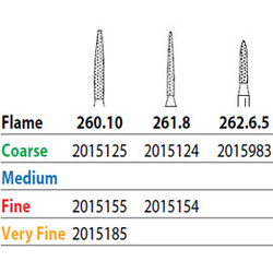 Two Striper FG #260.10 Very Fine Diamond Burs, Flame shaped. Pack of 5